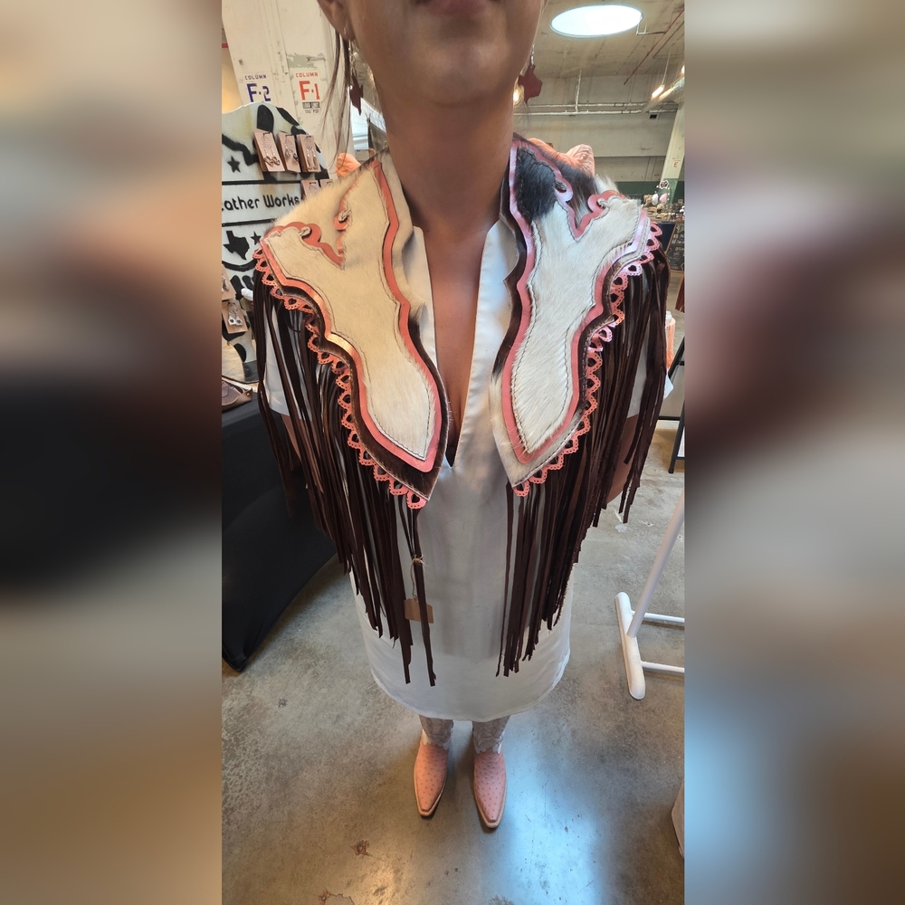 Cowhide Fringe Shawl – Brown & White Hide w/ Pink Leather Accent Western